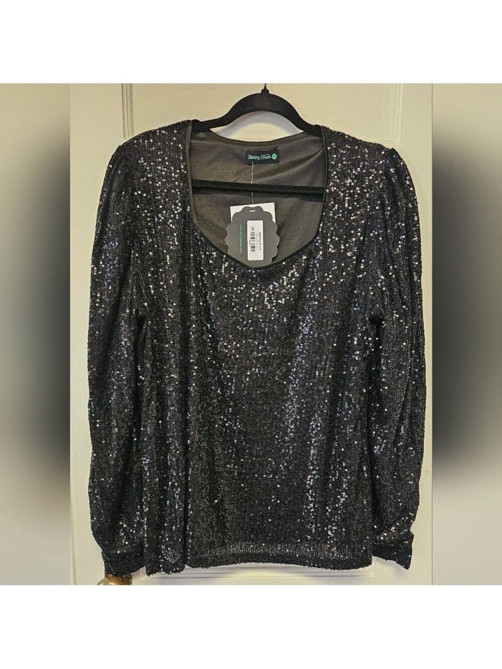 Dazzling Black Sequin Blouse Long-sleeve NWT Plus Size